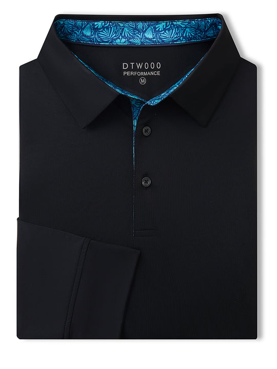 Designed Collared Long Sleeve Golf Polo-BLACK