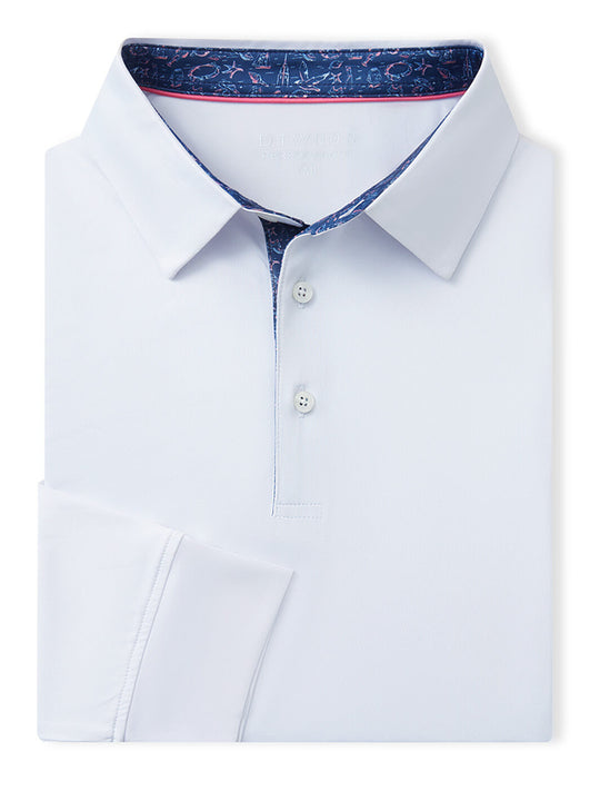 Designed Collared Long Sleeve Golf Polo-WHITE