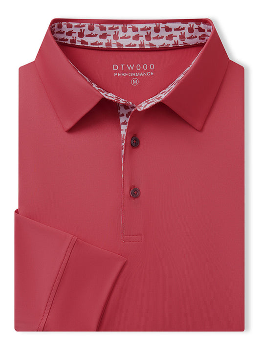 Designed Collared Long Sleeve Golf Polo-CRANBERRY