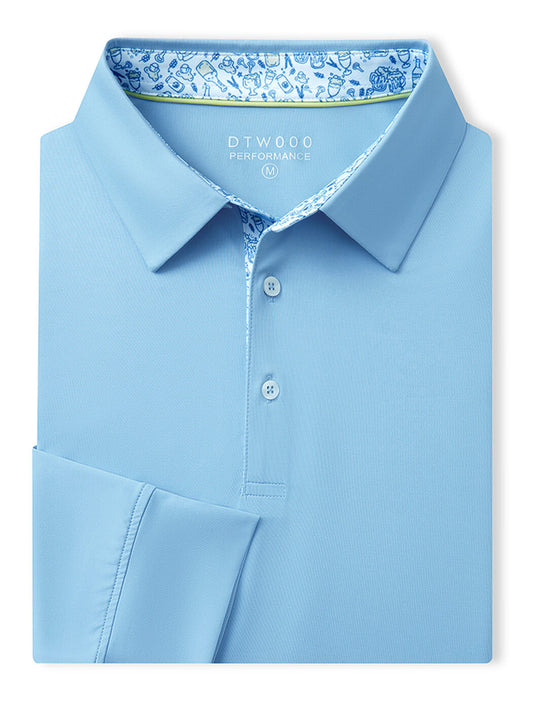 Designed Collared Long Sleeve Golf Polo-LIGHT BLUE