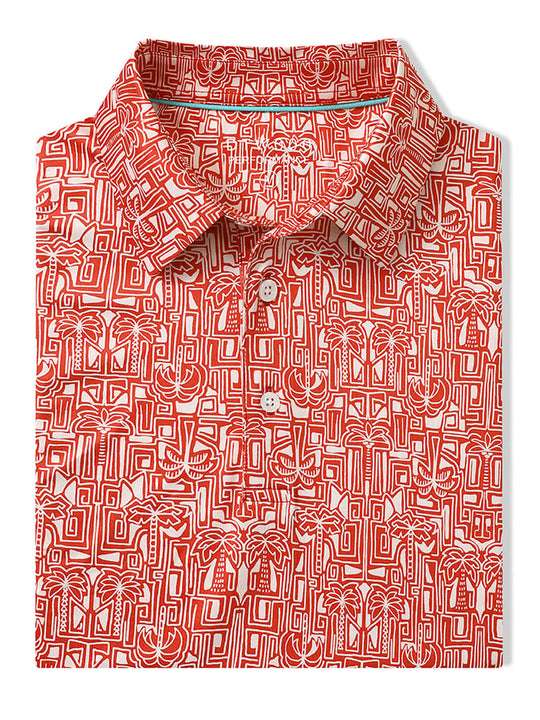 Men's Print Performance Polo-RED TROPICAL TOWN