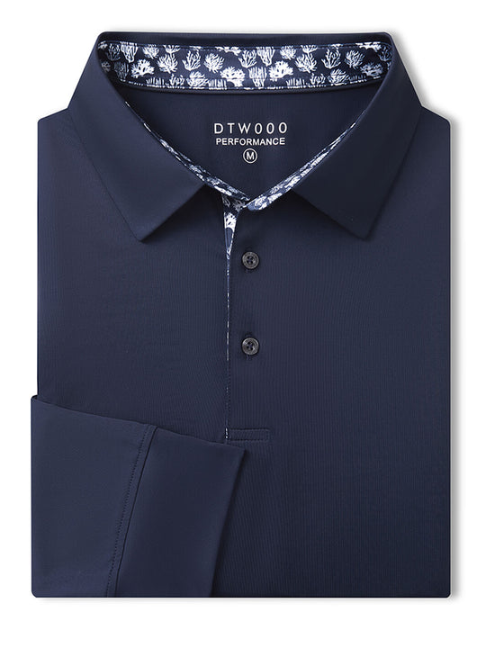 Designed Collared Long Sleeve Golf Polo-NAVY