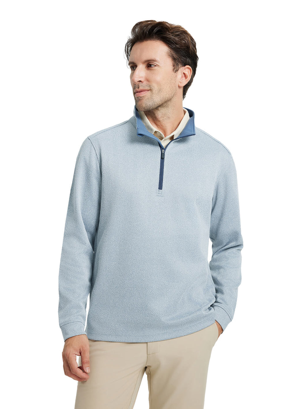 Herringbone Performance Golf Quarter Zip For Men-Denim Blue