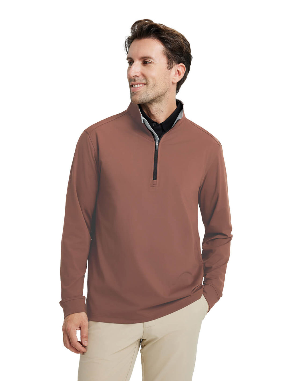 Solid Performance Golf Quarter Zip For Men-Brown