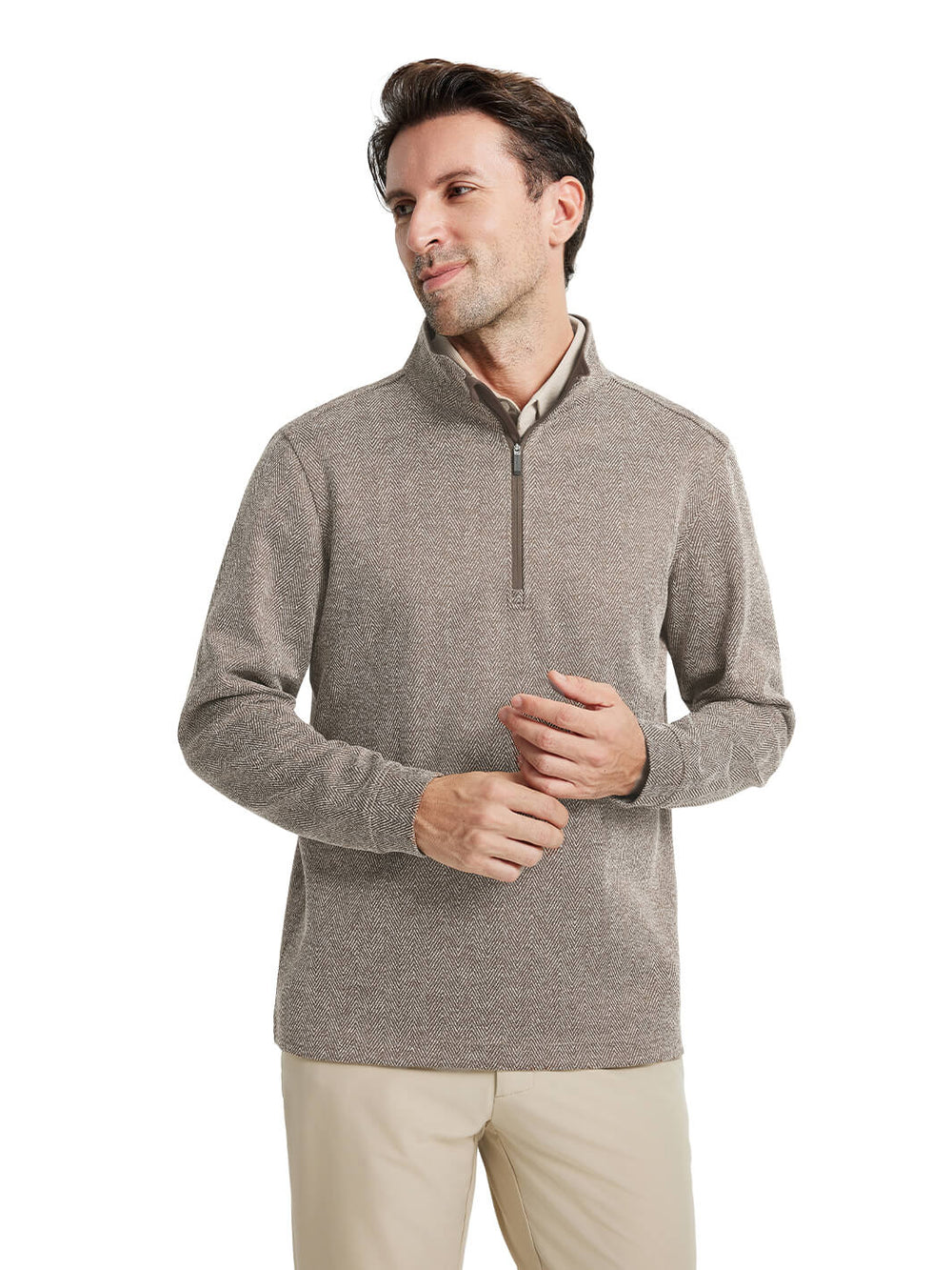 Herringbone Performance Golf Quarter Zip For Men-Brown