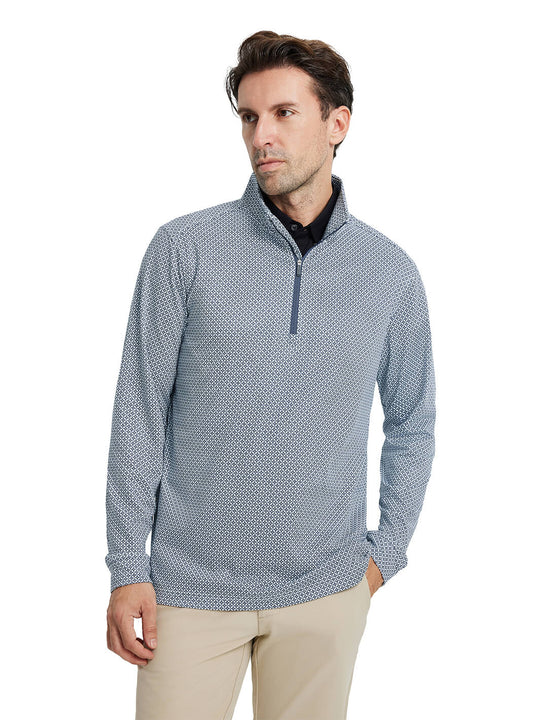 Print Performance Golf Quarter Zip For Men-White Navy Interlink