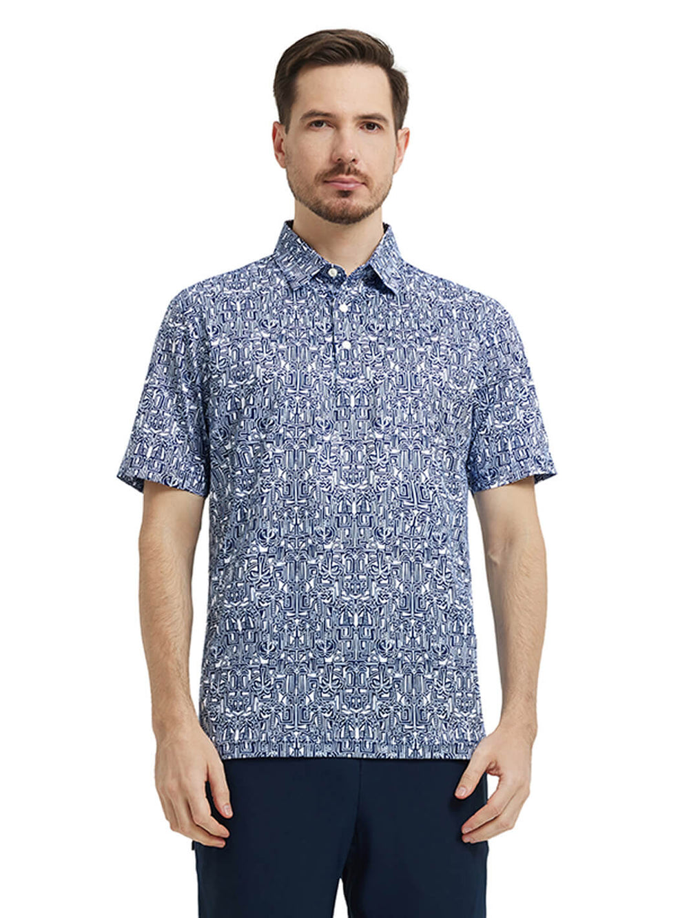 Men's Print Performance Polo-NAVY TROPICAL TOWN