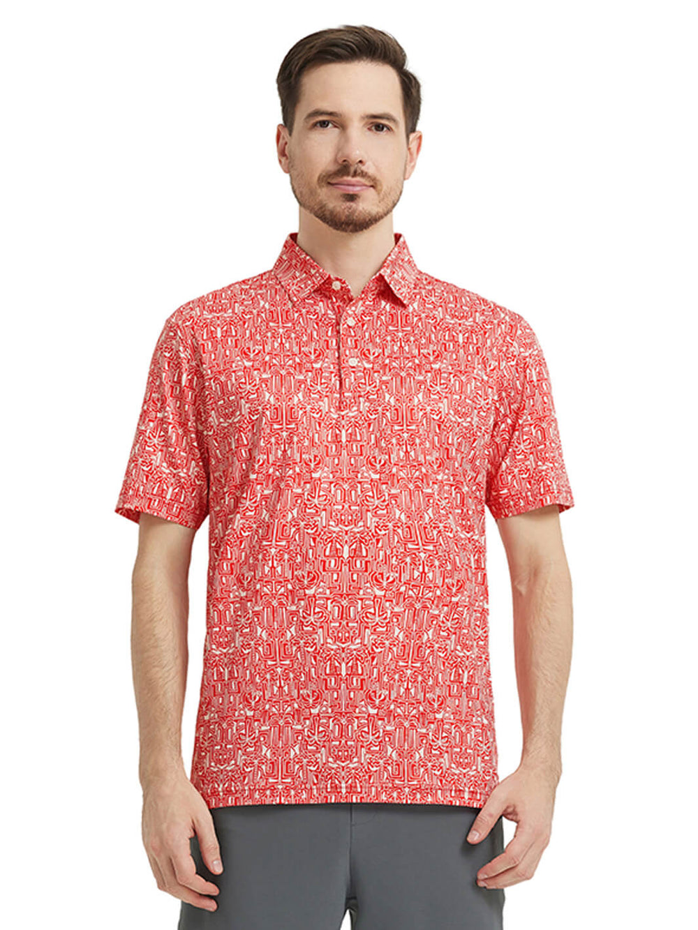 Men's Print Performance Polo-RED TROPICAL TOWN