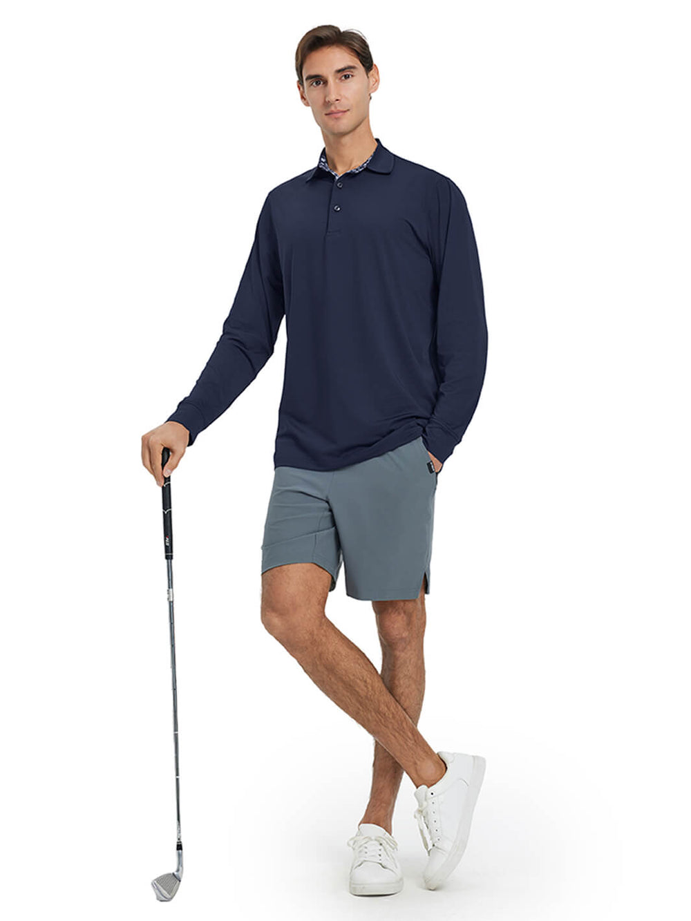 Designed Collared Long Sleeve Golf Polo-NAVY