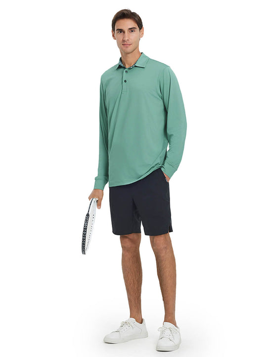 Designed Collared Long Sleeve Golf Polo-BERYL GREEN