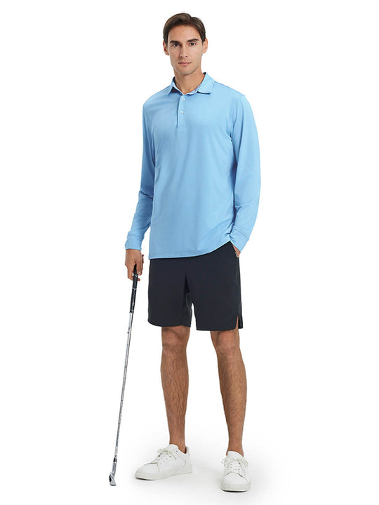 Designed Collared Long Sleeve Golf Polo-LIGHT BLUE