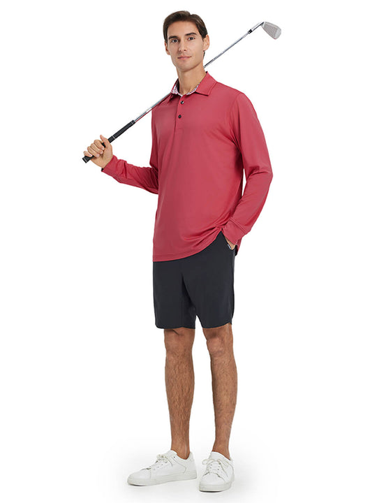 Designed Collared Long Sleeve Golf Polo-CRANBERRY
