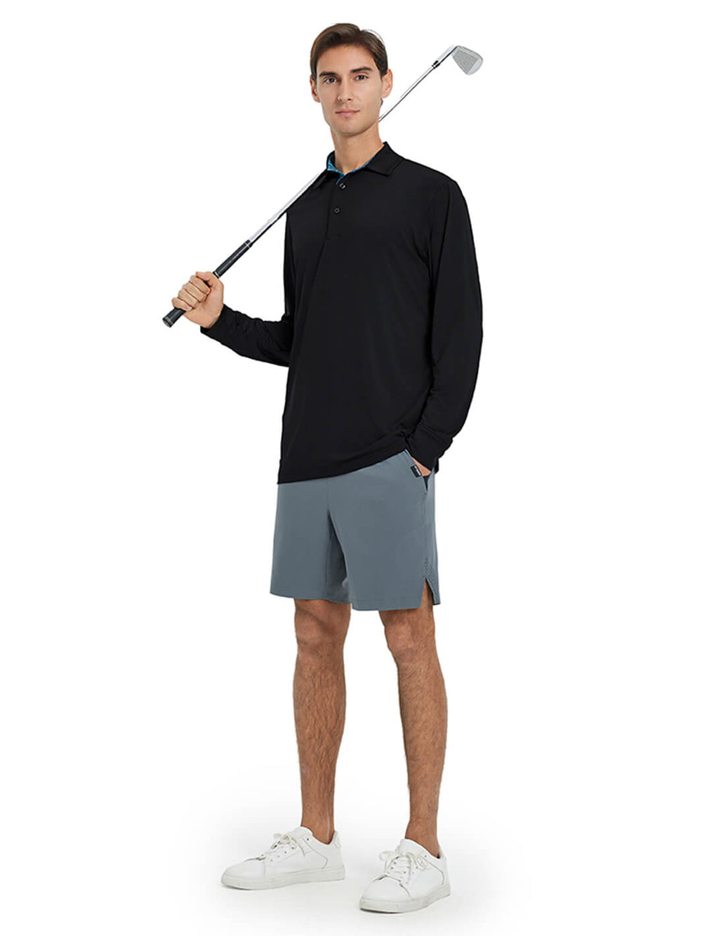 Designed Collared Long Sleeve Golf Polo-BLACK