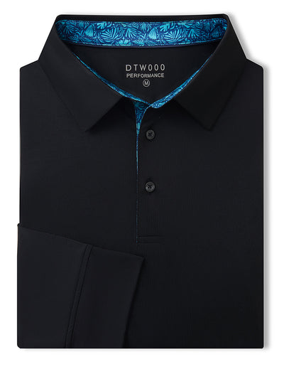 Designed Collared Long Sleeve Golf Polo-BLACK