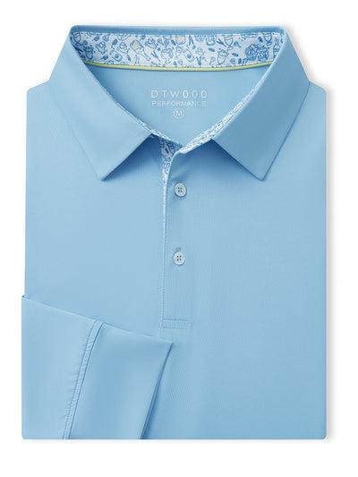 Designed Collared Long Sleeve Golf Polo-LIGHT BLUE