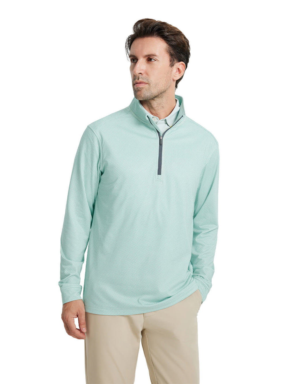 Print Performance Golf Quarter Zip For Men-Green Plant