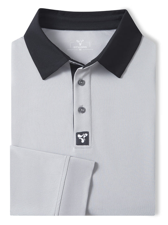 Tech Pique Long Sleeve Golf Shirt For Men-Light Grey