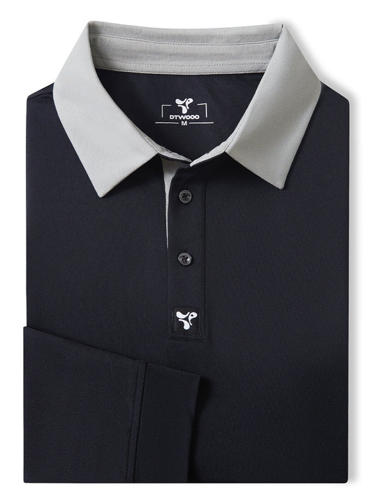 Tech Pique Long Sleeve Golf Shirt For Men-Blcak