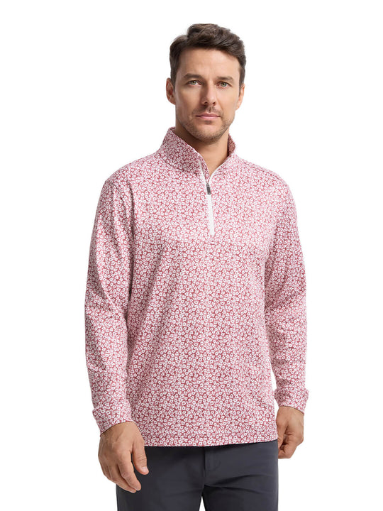 Print Performance Golf Quarter Zip For Men-Red Flower Rain