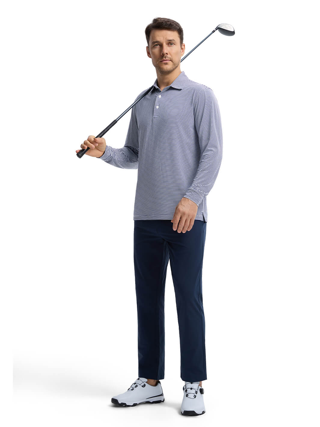 Striped Long Sleeve Golf Shirt For Men-Navy