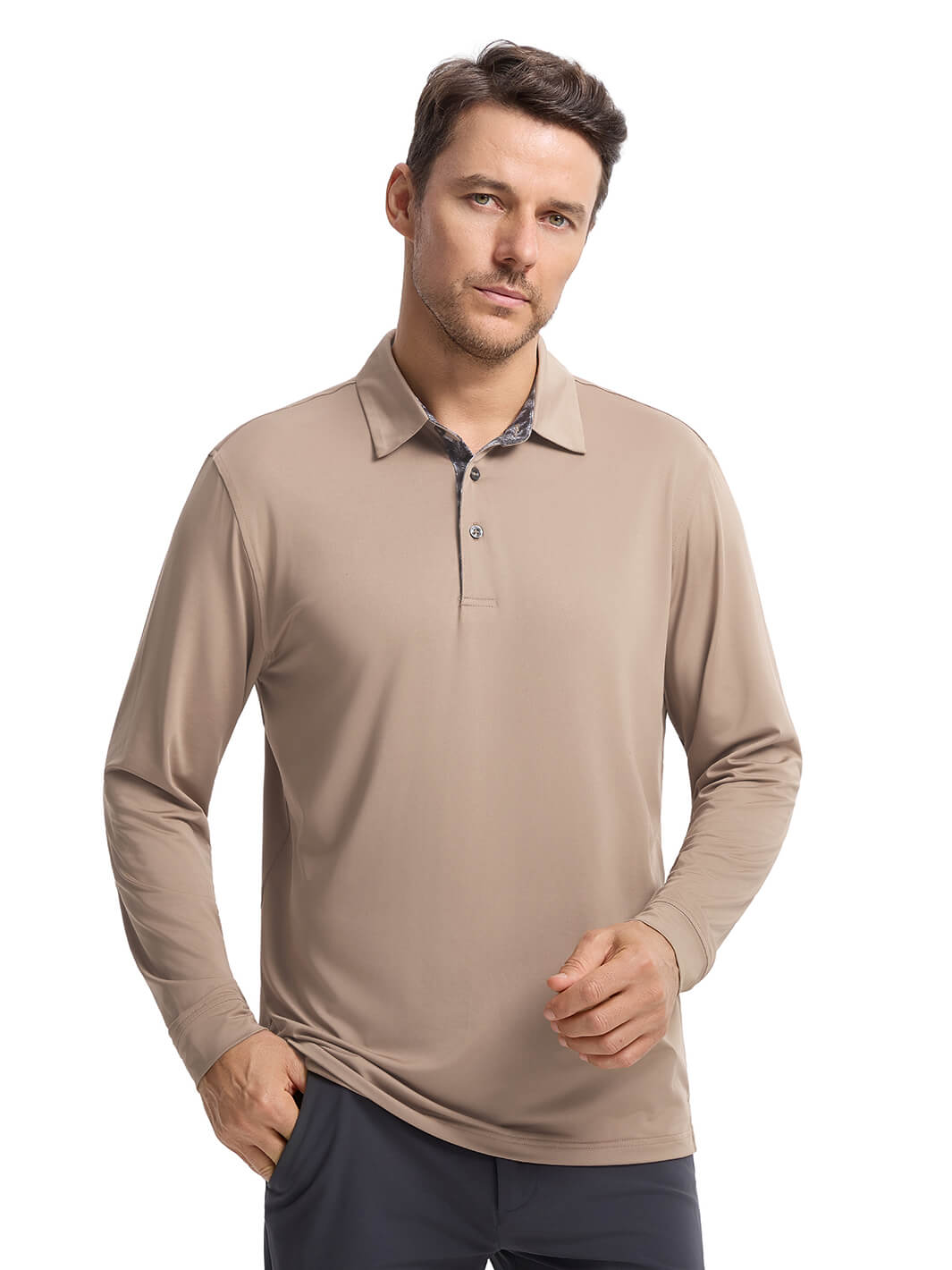 Designed Collared Long Sleeve Golf Shirt For Men-Poplar Palm