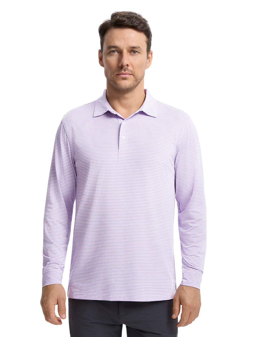 Striped Long Sleeve Golf Shirt For Men-Lavender White