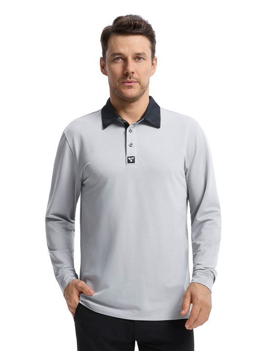 Tech Pique Long Sleeve Golf Shirt For Men-Light Grey