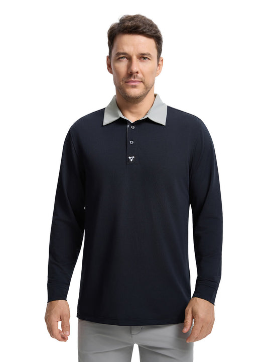 Tech Pique Long Sleeve Golf Shirt For Men-Blcak