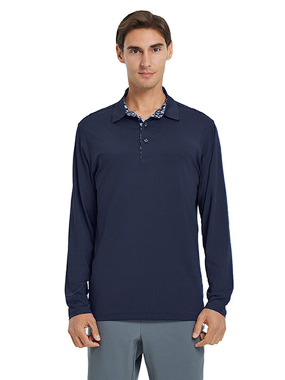 Designed Collared Long Sleeve Golf Polo-NAVY