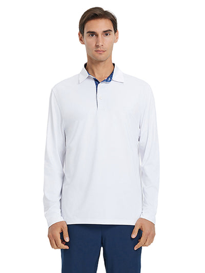 Designed Collared Long Sleeve Golf Polo-WHITE