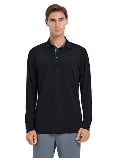 Designed Collared Long Sleeve Golf Polo-BLACK