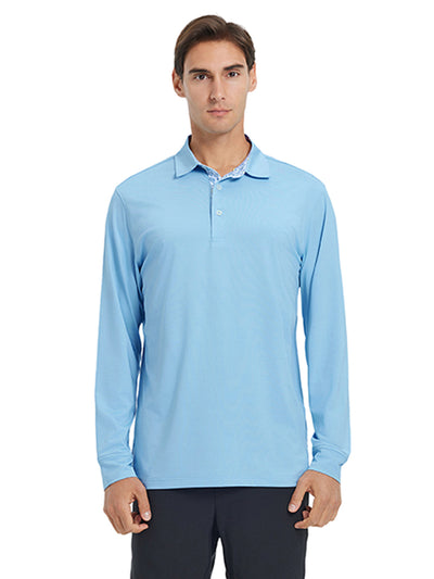Designed Collared Long Sleeve Golf Polo-LIGHT BLUE