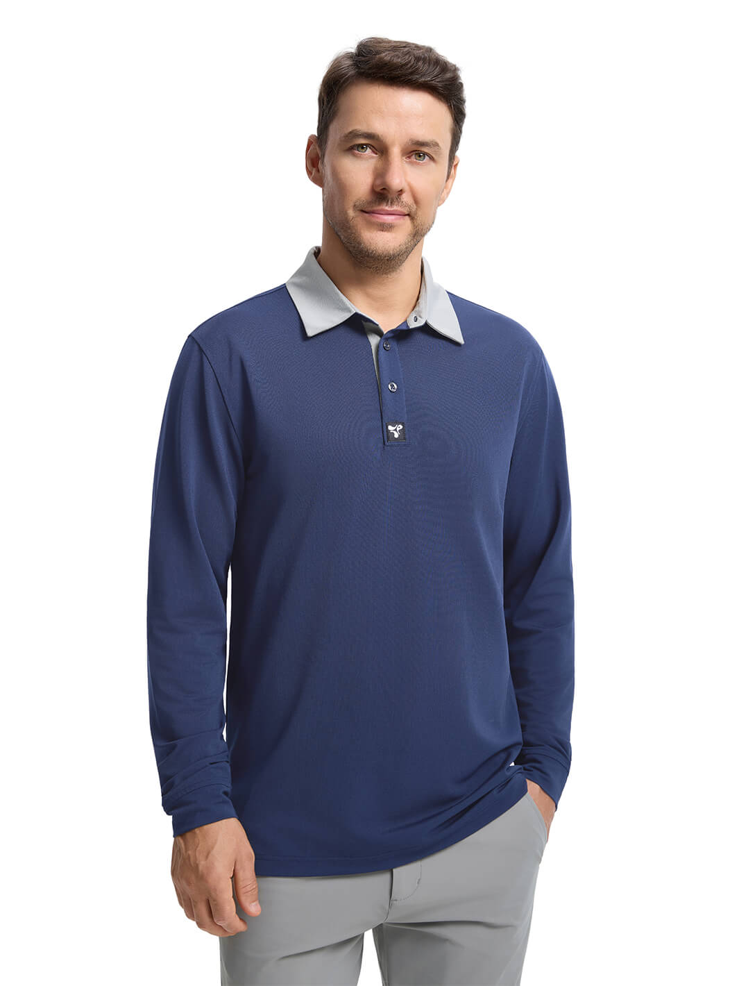 Tech Pique Long Sleeve Golf Shirt For Men-Navy