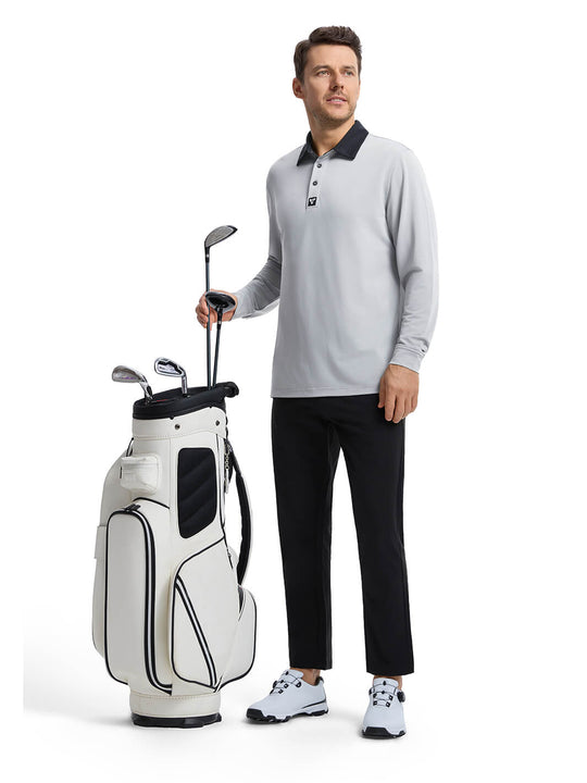 Tech Pique Long Sleeve Golf Shirt For Men-Light Grey