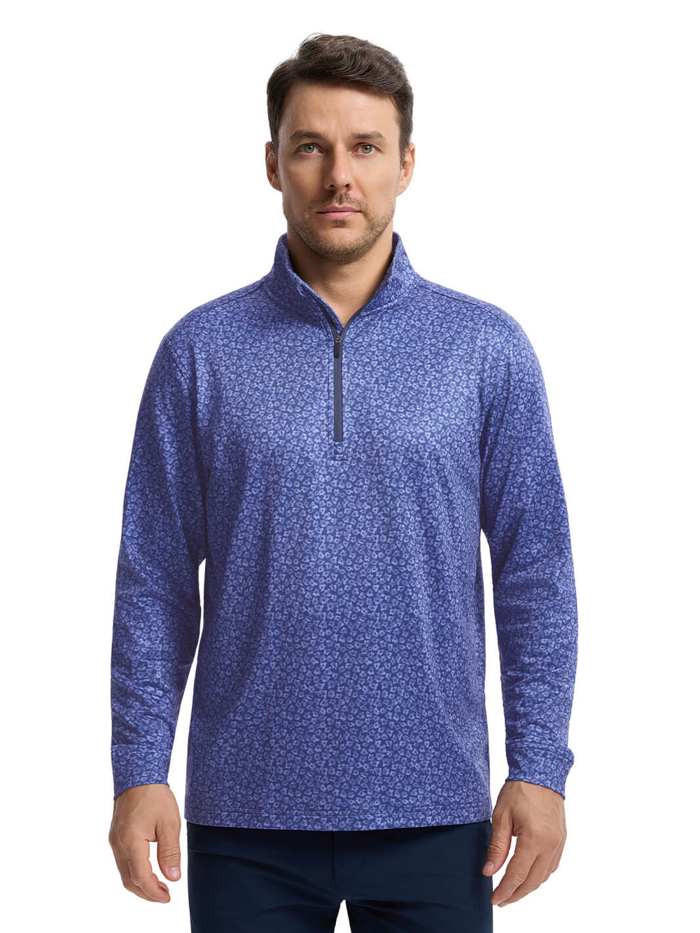 Print Performance Golf Quarter Zip For Men-Blue Flower Rain