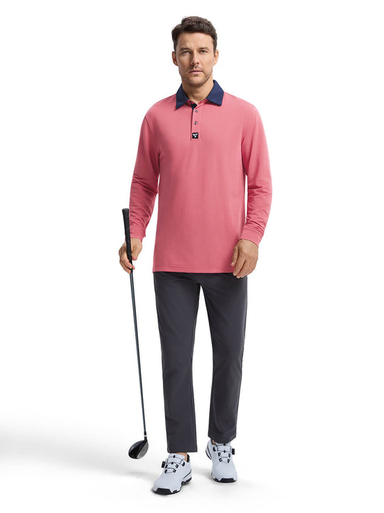 Tech Pique Long Sleeve Golf Shirt For Men-Cranberry