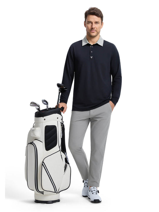 Tech Pique Long Sleeve Golf Shirt For Men-Blcak