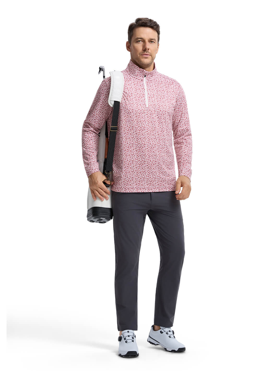 Print Performance Golf Quarter Zip For Men-Red Flower Rain