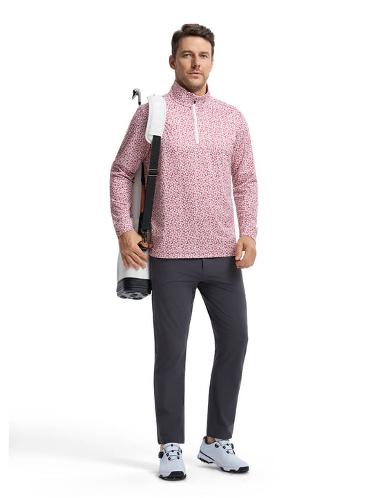 Print Performance Golf Quarter Zip For Men-Red Flower Rain