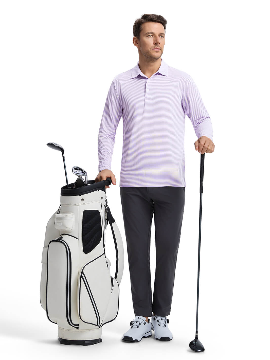 Striped Long Sleeve Golf Shirt For Men-Lavender White