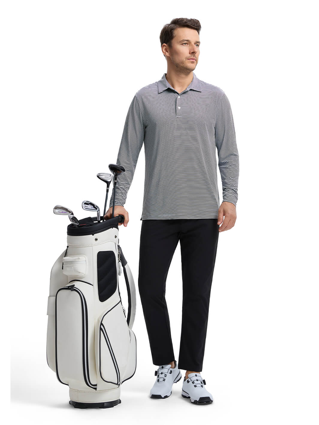 Striped Long Sleeve Golf Shirt For Men-Black