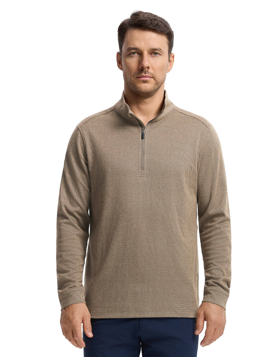 Herringbone Performance Golf Quarter Zip For Men-Caramel