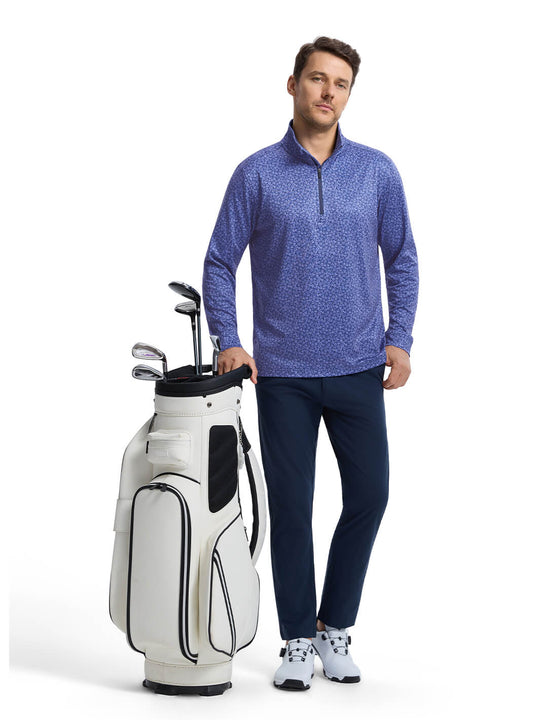 Print Performance Golf Quarter Zip For Men-Blue Flower Rain