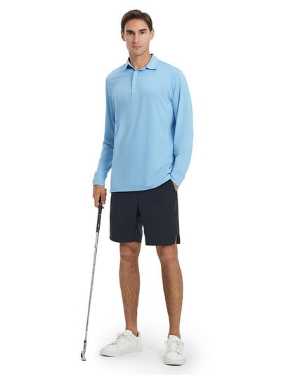 Designed Collared Long Sleeve Golf Polo-LIGHT BLUE