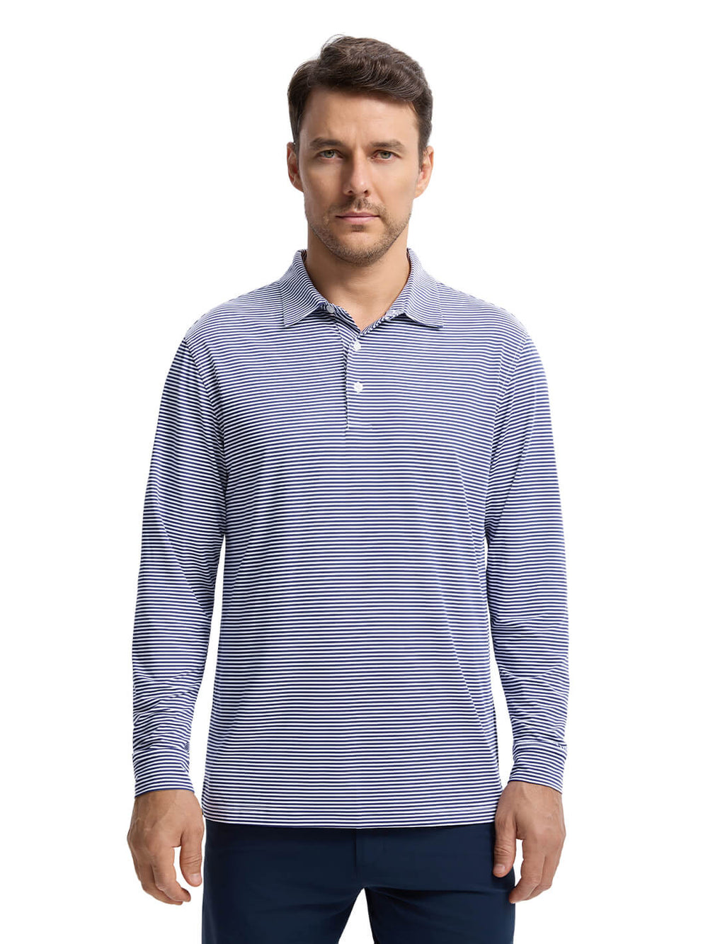 Striped Long Sleeve Golf Shirt For Men-Navy