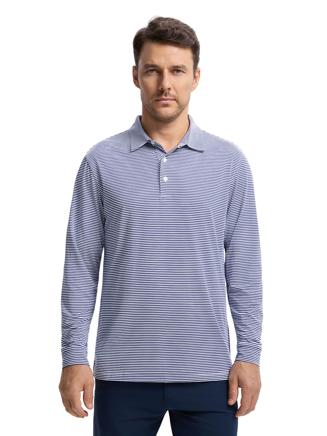 Striped Long Sleeve Golf Shirt For Men-Navy